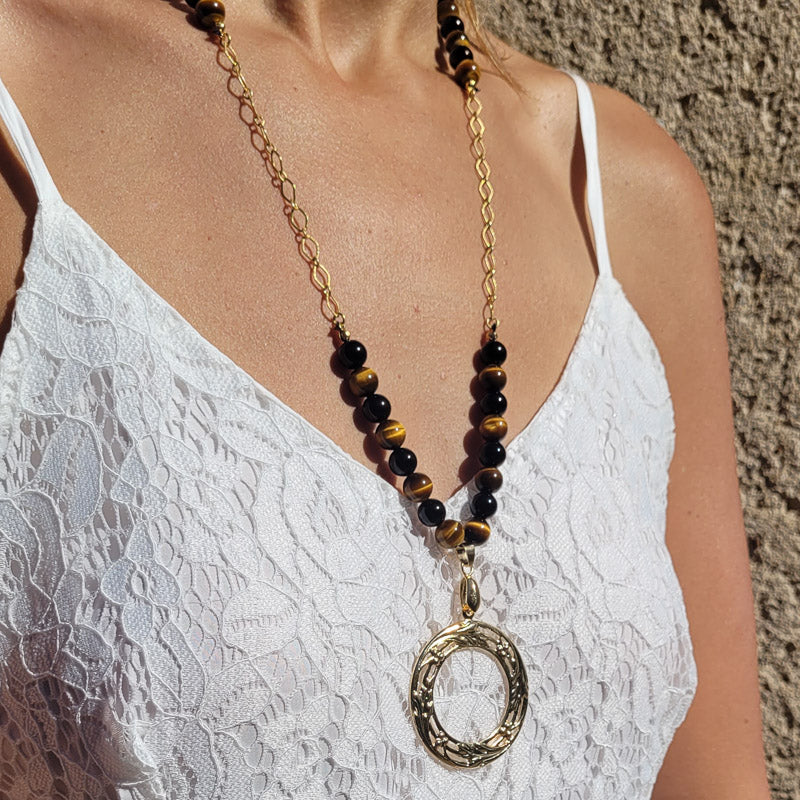 nayaka collier sautoir en pierres semi précieuses oeil de tigre