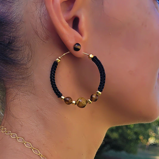Boucles d'oreilles créoles en pierre oeil de tigre veritable 